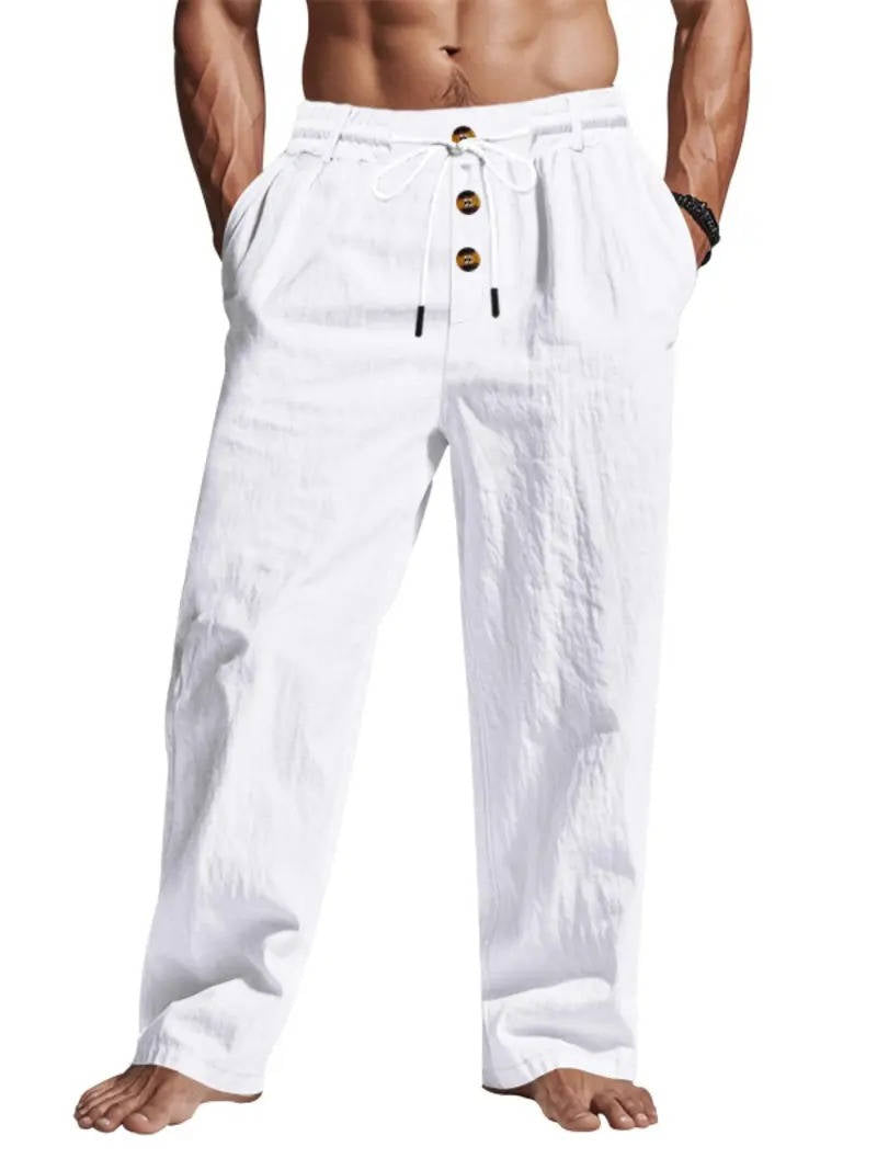 Men's Breathable Linen Summer Pants with Button Design, Comfy Fit White