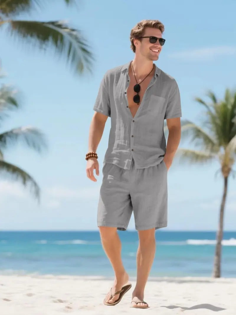 Men's Linen Short Sleeve Button Down Shirt and Shorts Set, Summer Gray