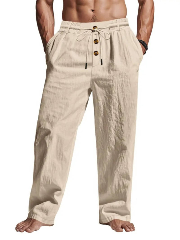 Men's Breathable Linen Summer Pants with Button Design, Comfy Fit Khaki