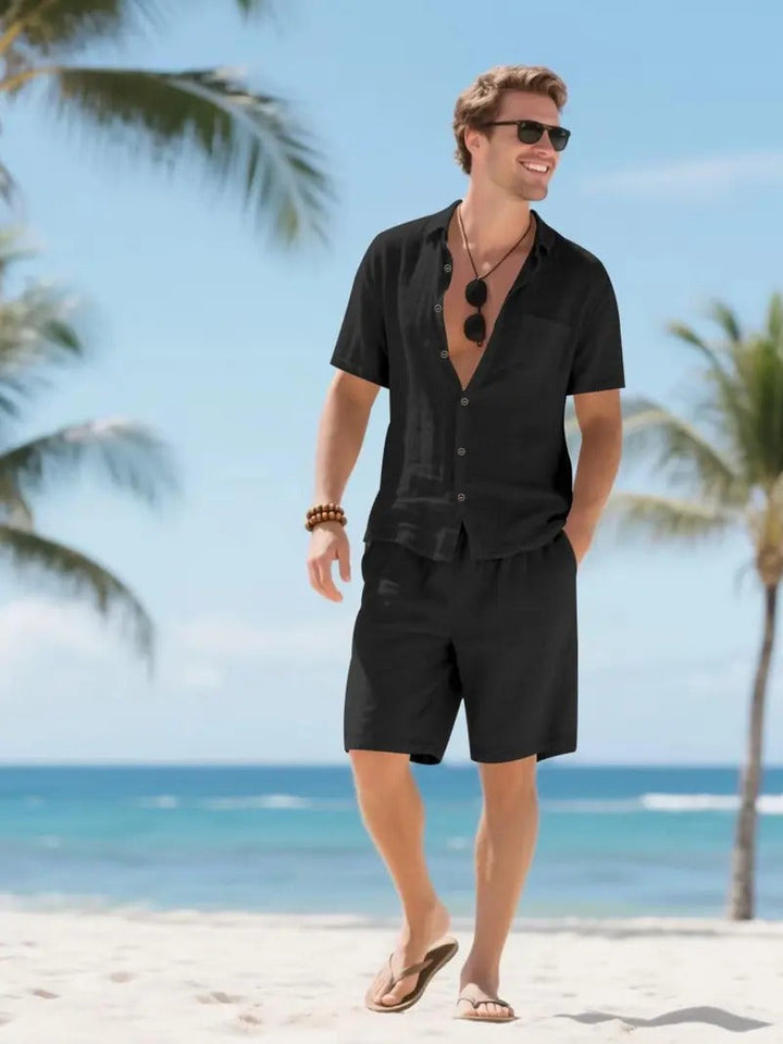 Men's Linen Short Sleeve Button Down Shirt and Shorts Set, Summer Black