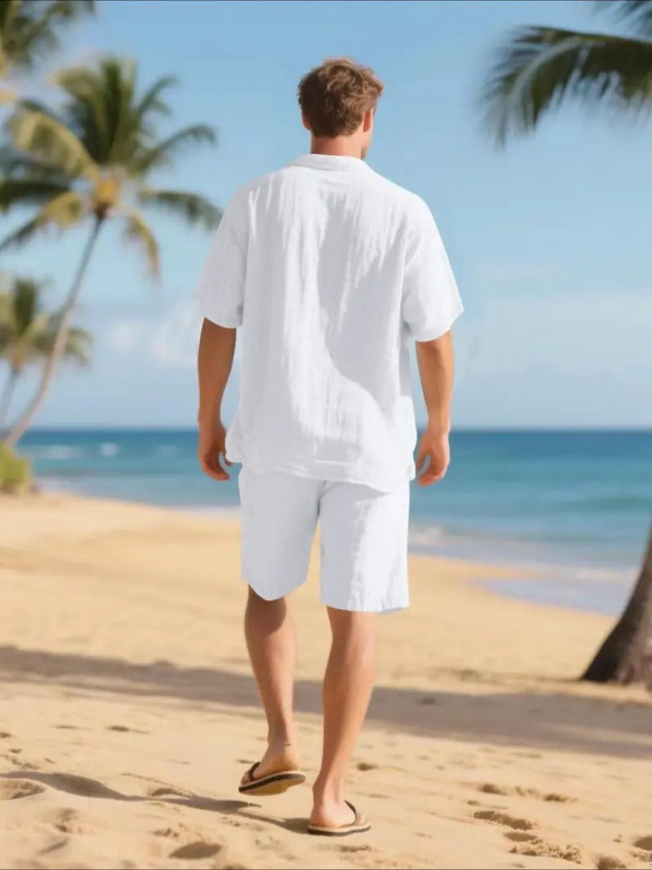 Men's Linen Short Sleeve Button Down Shirt and Shorts Set, Summer