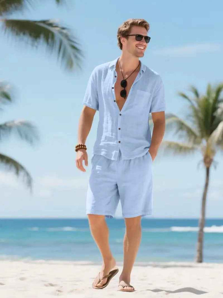 Men's Linen Short Sleeve Button Down Shirt and Shorts Set, Summer Light Blue