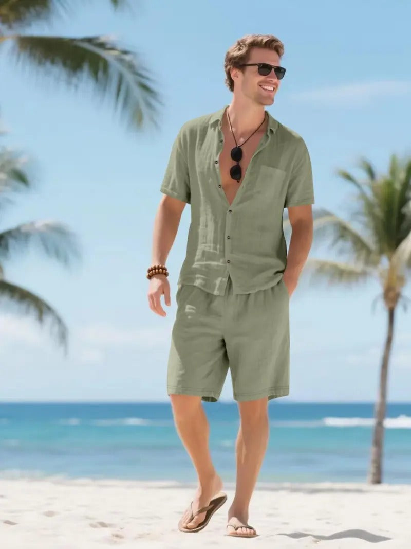 Men's Linen Short Sleeve Button Down Shirt and Shorts Set, Summer Army Green