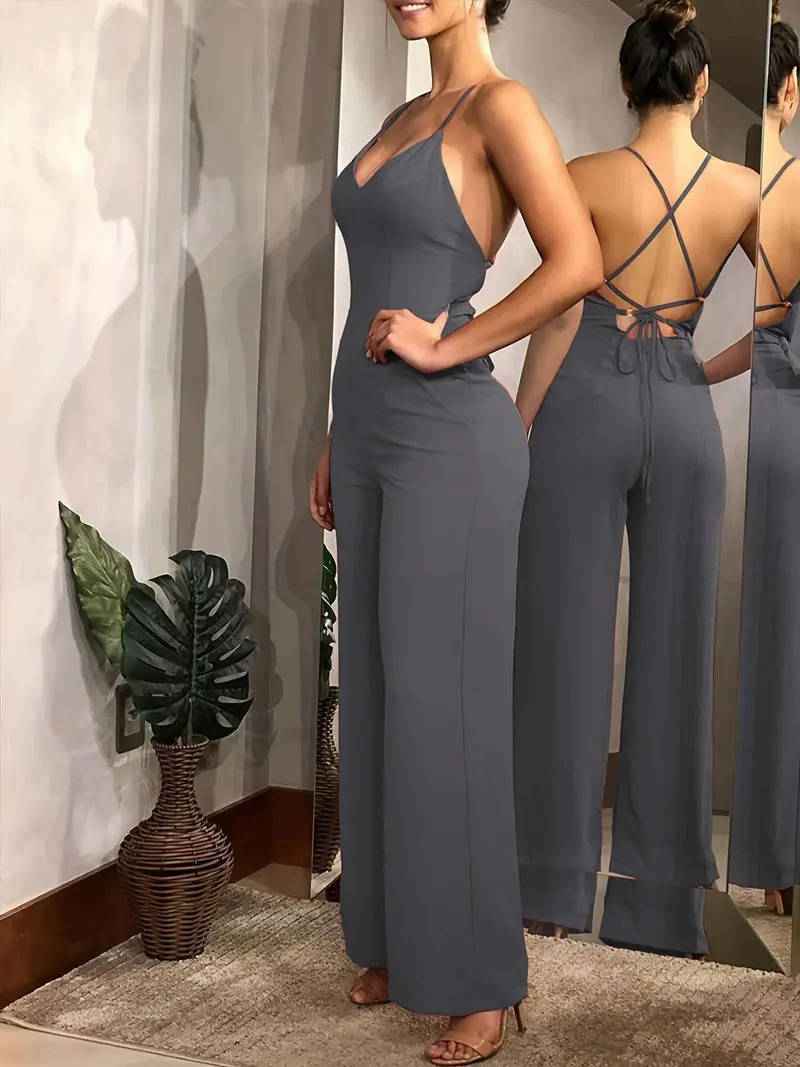 Women's Solid Criss Cross Backless Sleeveless Cami Jumpsuit