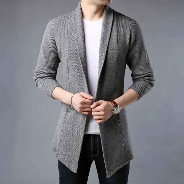 Men's Wool Cardigan – Open Front, Relaxed Fit, Shawl Collar, Ribbed Texture Grey