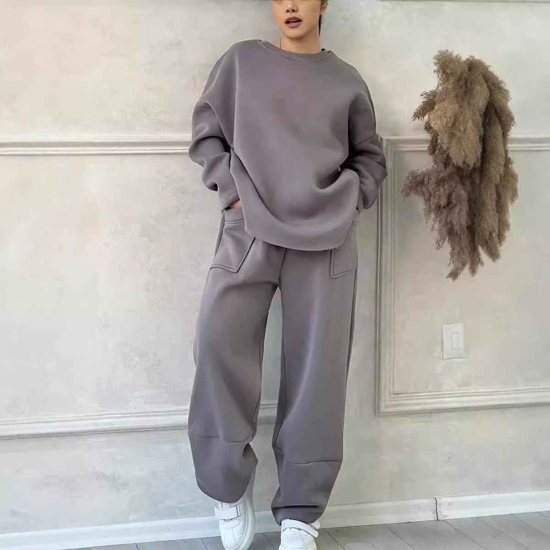 Women's Oversized Cotton Blend Lounge Set – Sweatshirt & Wide Pants Grey
