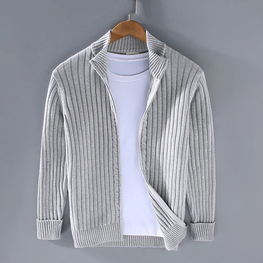Men's Slim Fit Knitted Cardigan – Cotton with Ribbed Texture and Zipper Closure Light Grey