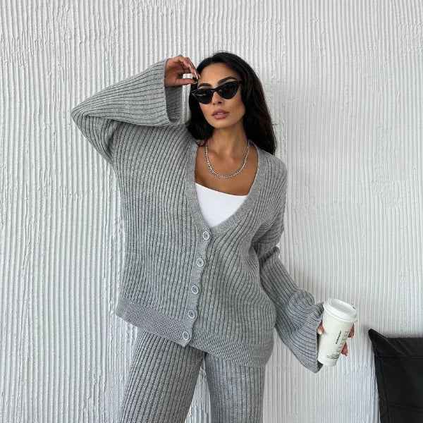 Women's Oversized Loungewear Set – Knitted Rib Fabric with Button Closure and Wide Sleeves Light Grey
