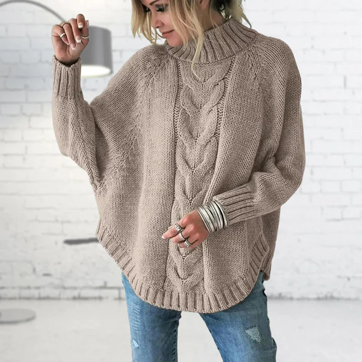 Women's Oversized Knitted Turtleneck Sweater – Wool Blend with Cable Design Khaki