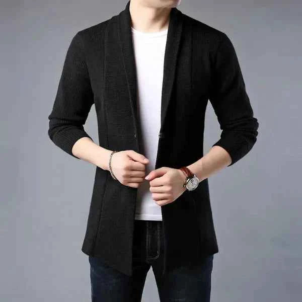 Men's Wool Cardigan – Open Front, Relaxed Fit, Shawl Collar, Ribbed Texture Black