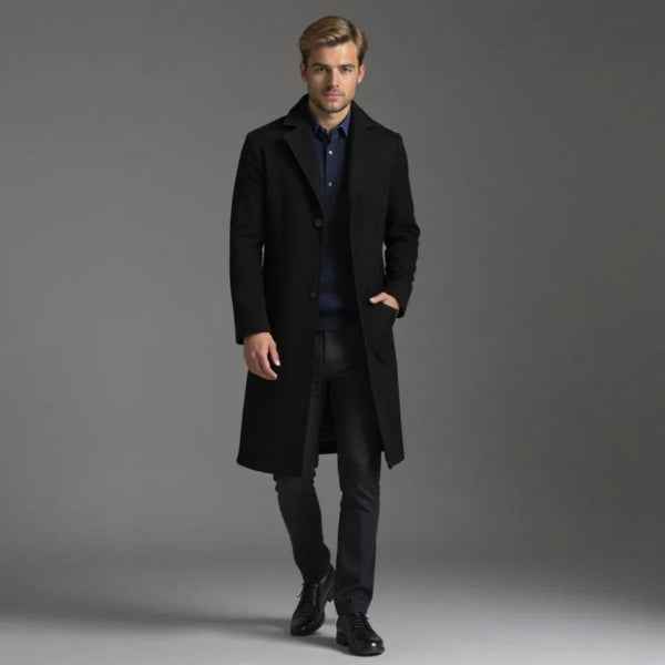 Men's Tailored Woolmix Long Coat – Single-Breasted Formal Style Black
