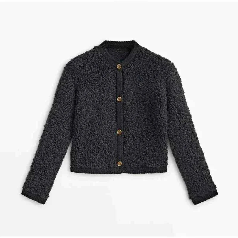 Women's Soft Fleece Teddy Coat – Relaxed Fit, Button Closure, Round Neck Black