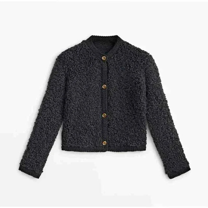 Women's Soft Fleece Teddy Coat – Relaxed Fit, Button Closure, Round Neck Black