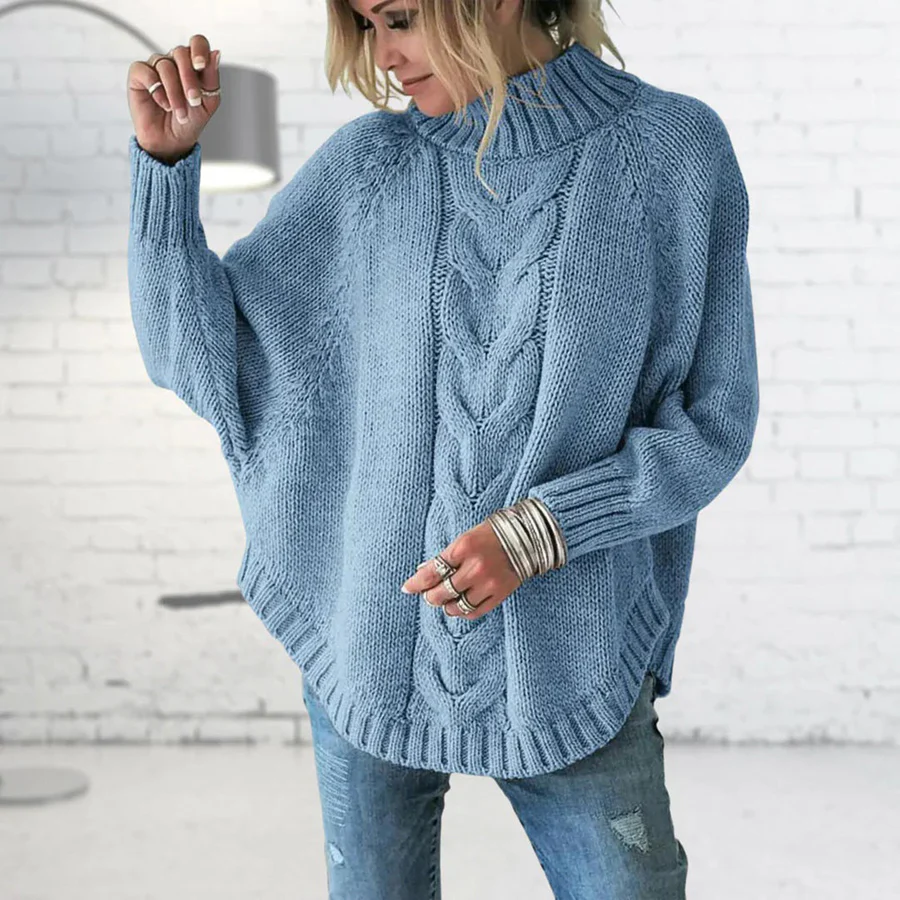 Women's Oversized Knitted Turtleneck Sweater – Wool Blend with Cable Design Blue