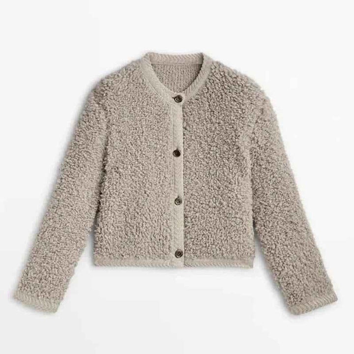 Women's Soft Fleece Teddy Coat – Relaxed Fit, Button Closure, Round Neck Khaki