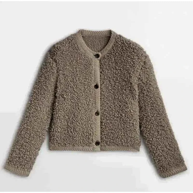 Women's Soft Fleece Teddy Coat – Relaxed Fit, Button Closure, Round Neck Camel