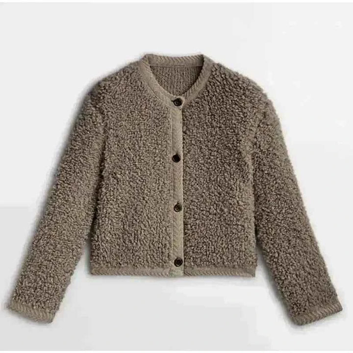 Women's Soft Fleece Teddy Coat – Relaxed Fit, Button Closure, Round Neck Camel