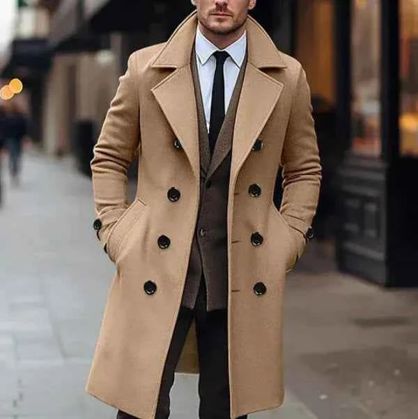 Men's Tailored Wool Blend Overcoat – Knee-Length Double-Breasted Formal Style Khaki