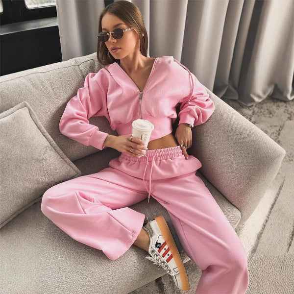 Women's Relaxed Fit Lounge Set – Zipper Hoodie & Wide Pants – Soft Cotton Blend Pink