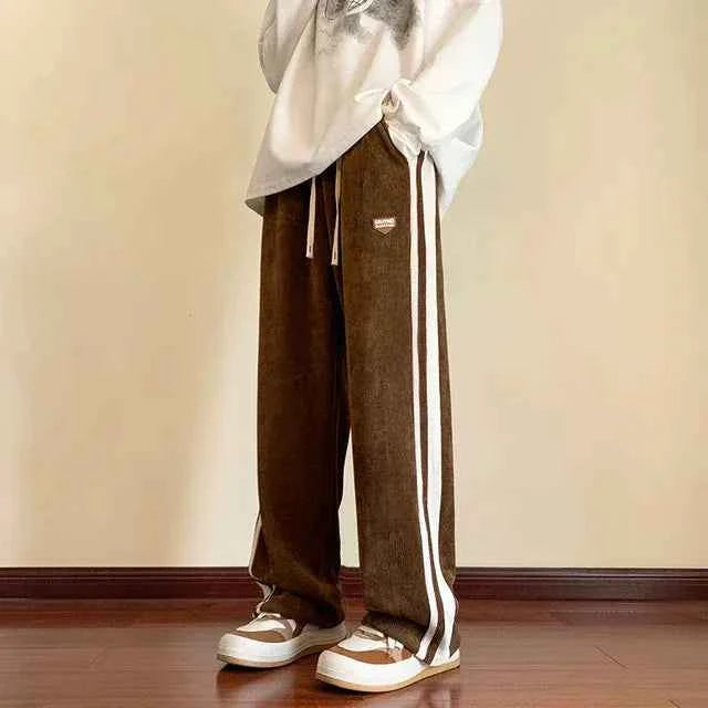 Men's Baggy Sweatpants – Soft Fleece – Adjustable Waist – Sporty Stripes Coffee