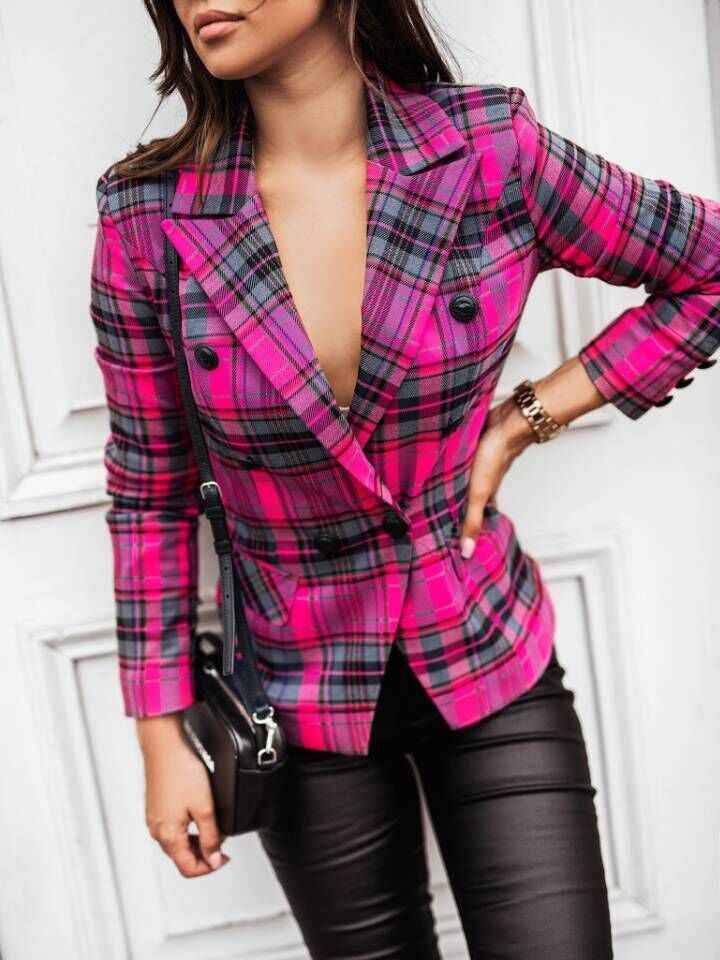 Women's Slim Fit Checked Blazer - Double-Button Closure - Wool Blend - Notch Lapel Pink