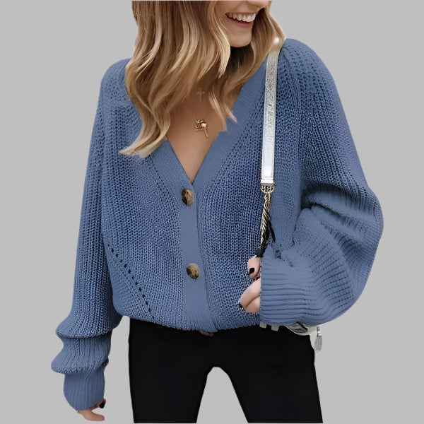 Women's Oversized Chunky Knit Cardigan with V-Neck and Button Closure Blue