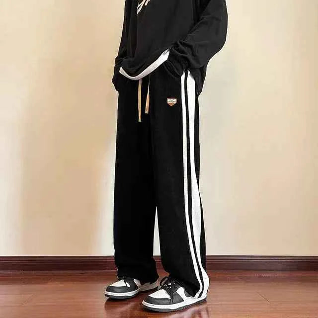 Men's Baggy Sweatpants – Soft Fleece – Adjustable Waist – Sporty Stripes Black