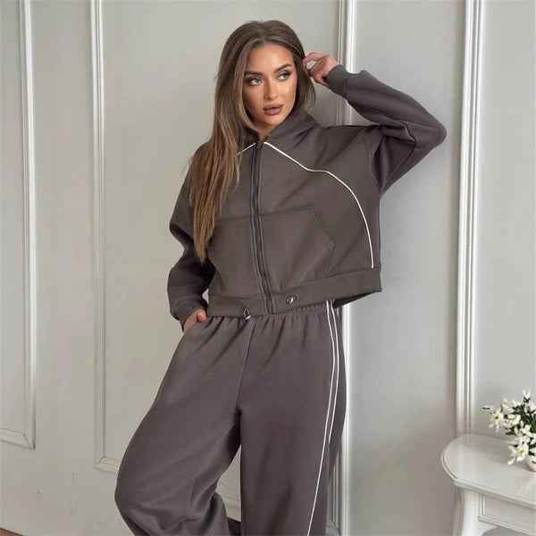 Women's Oversized Two-Piece Set – Cotton Zipper Hoodie & Wide-Leg Pants Dark Grey