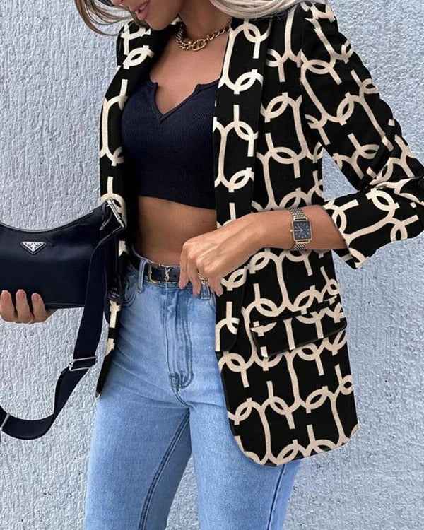 Women's Slim Fit Graphic Pattern Blazer – Structured Hip Length Long Sleeve Camel