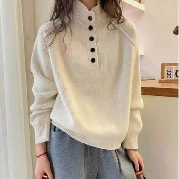Women's Relaxed Fit Knitted Sweater – Wool Blend – Stand-Up Collar with Button Detail White One Size