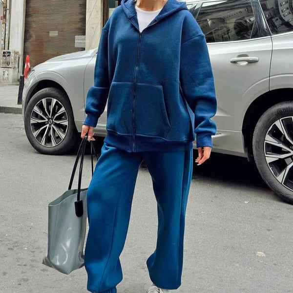 Women's Oversized Hoodie Set – Soft Cotton – Casual Loungewear with Drawstring Blue