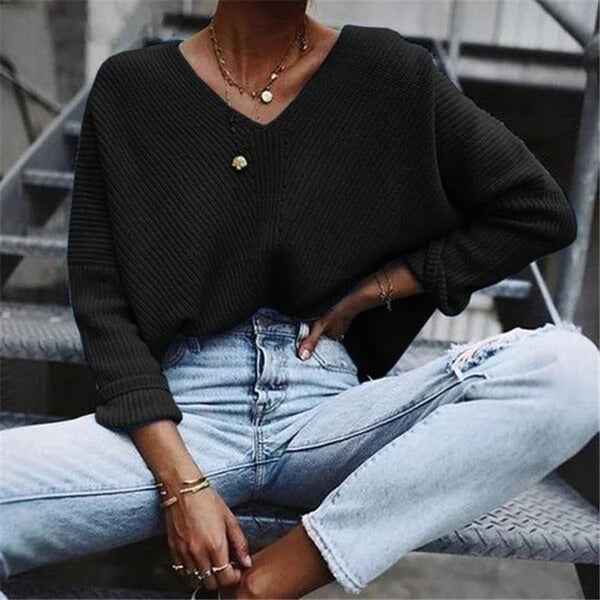 Women's Oversized V-Neck Sweater – Wool Blend – Ribbed Texture – Long Sleeves Black