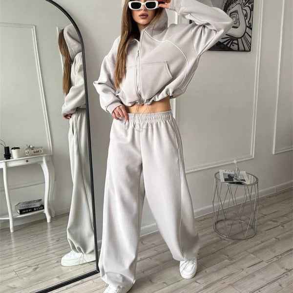 Women's Oversized Two-Piece Set – Cotton Zipper Hoodie & Wide-Leg Pants Grey