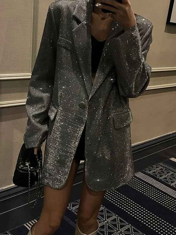 Women's Oversized Blazer – Glitter Woven Texture – Long Single-Breasted Design