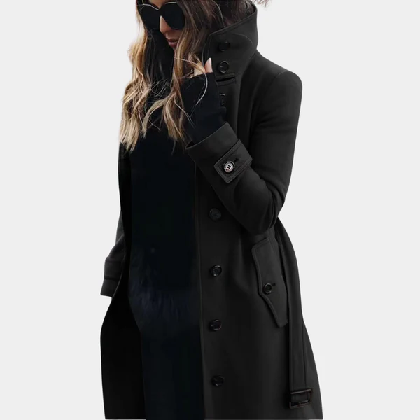 Women's Tailored Wool Look Trench Coat – Full Length with Belt and Button Closure Black