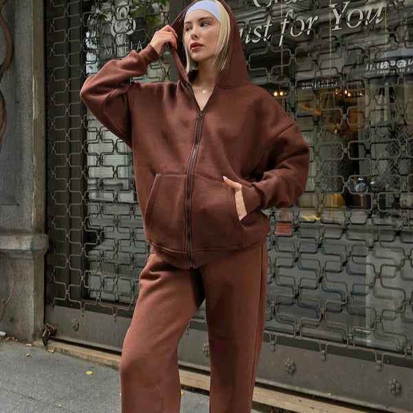 Women's Oversized Hoodie Set – Soft Cotton – Casual Loungewear with Drawstring Brown