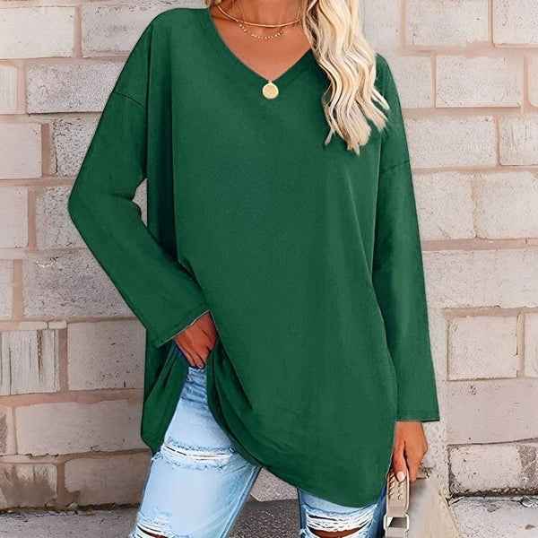 Women's Oversized Cotton V-Neck Shirt - Long Sleeve Casual Top Green