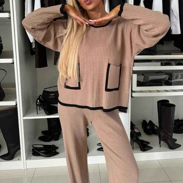 Women's Oversized Ribbed Loungewear Set with Contrasting Trim White