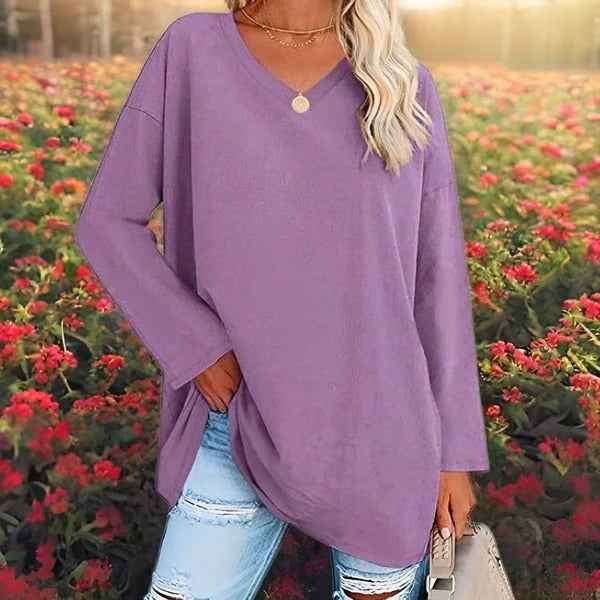 Women's Oversized Cotton V-Neck Shirt - Long Sleeve Casual Top Purple