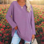 Women's Oversized Cotton V-Neck Shirt - Long Sleeve Casual Top Purple