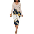 Women's Fitted Midi Dress with Wrap Neckline and Long Sleeves – Chain Print White - Blue