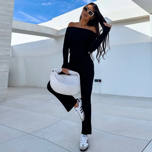 Women's Off-Shoulder Slim Fit Jumpsuit with Flared Legs – Soft Knit Fabric Black
