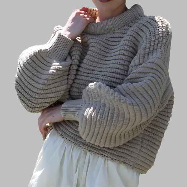 Women's Oversized Wool Blend Sweater – High Collar & Ribbed Casual Style Brown