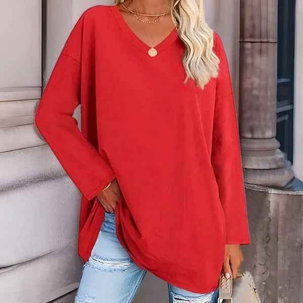 Women's Oversized Cotton V-Neck Shirt - Long Sleeve Casual Top Red