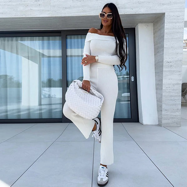 Women's Off-Shoulder Slim Fit Jumpsuit with Flared Legs – Soft Knit Fabric White