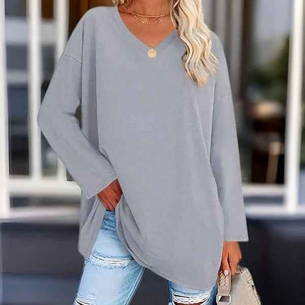Women's Oversized Cotton V-Neck Shirt - Long Sleeve Casual Top Grey