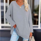 Women's Oversized Cotton V-Neck Shirt - Long Sleeve Casual Top Grey