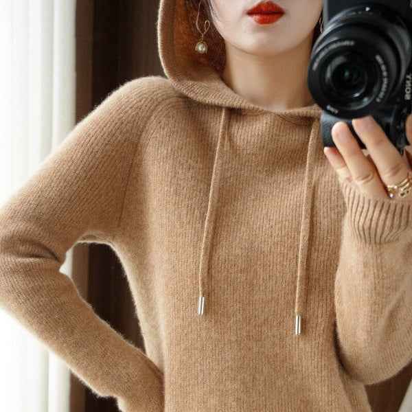 Women's Relaxed Fit Hooded Pullover – Wool Blend with Ribbed Cuffs and Long Sleeves Khaki