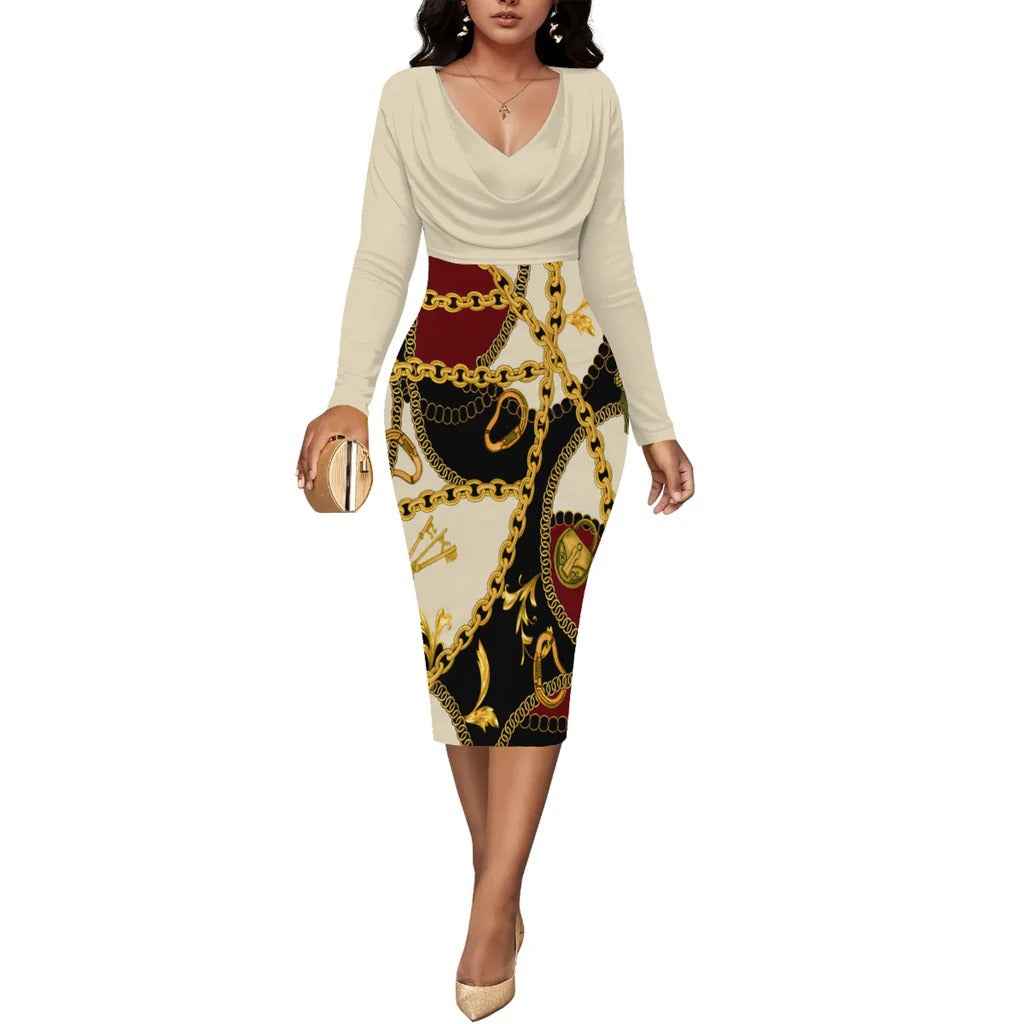 Women's Fitted Midi Dress with Wrap Neckline and Long Sleeves – Chain Print White - Red