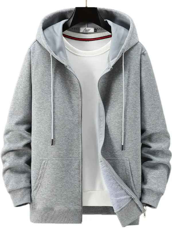 Men's Zipper Hoodie – Relaxed Fit – Cotton Blend – Drawstring Hood – Pockets Light Grey